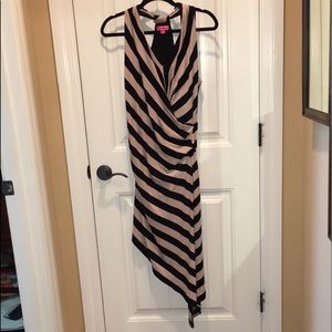Betsey Johnson 8 Racerback High-Low Dress, Light Beige and Black Stripes 🍒
